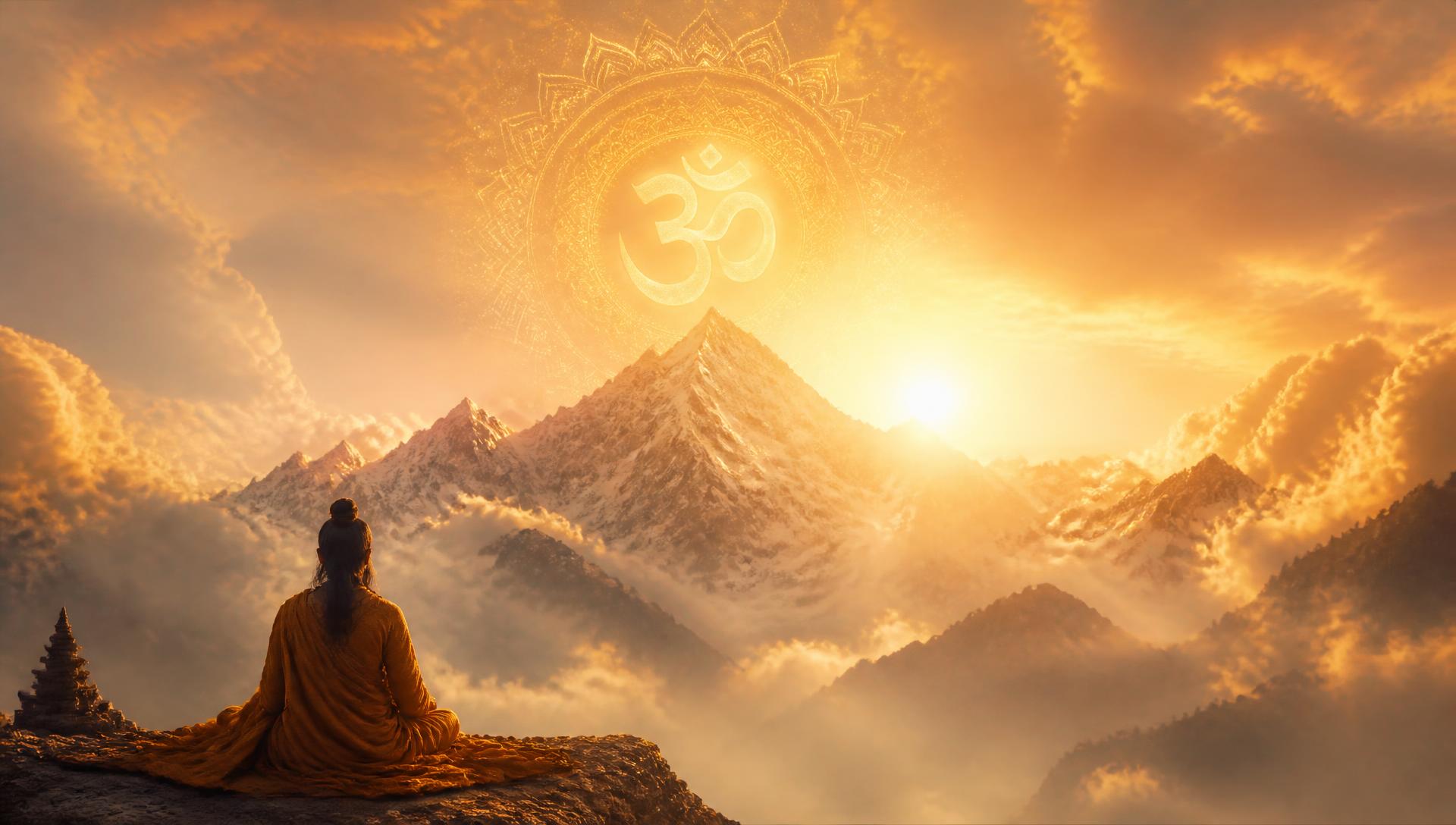 Sunrise over the Himalayas with a glowing Om mandala